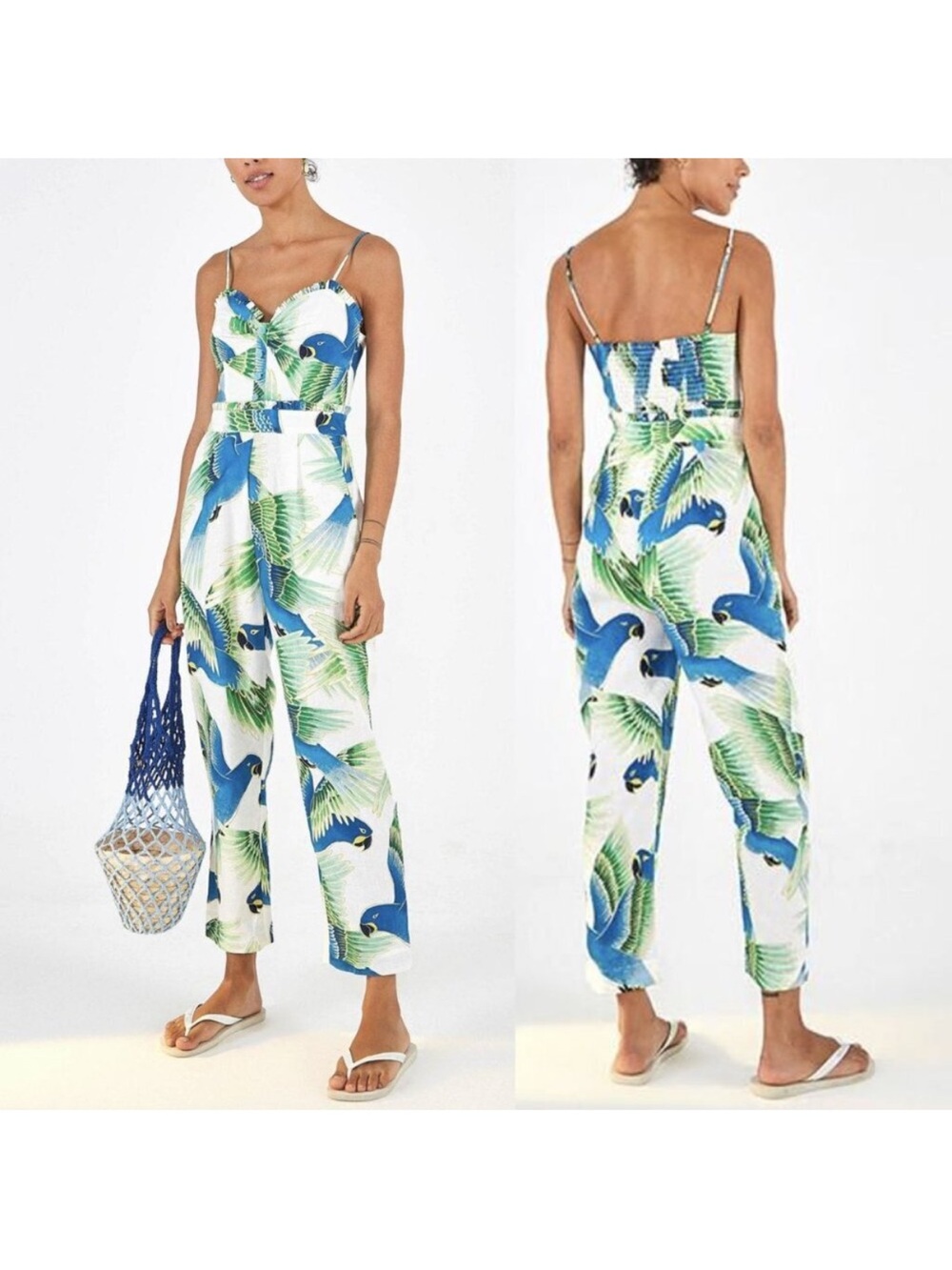 ALTERED Farm Rio Araras Parrot linen jumpsuit XS